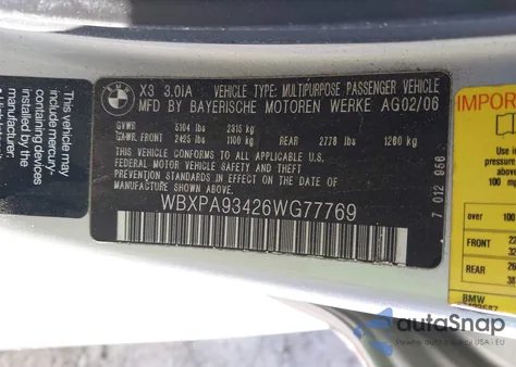 2006 BMW X3 3.0I from USA, damaged, VIN WBXPA93426WG77769